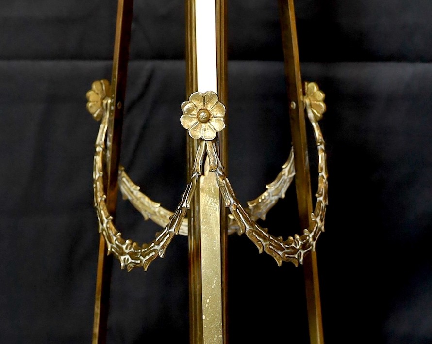 A late 19th century English brass telescopic lamp standard, height 146cm. width of base 43cm.